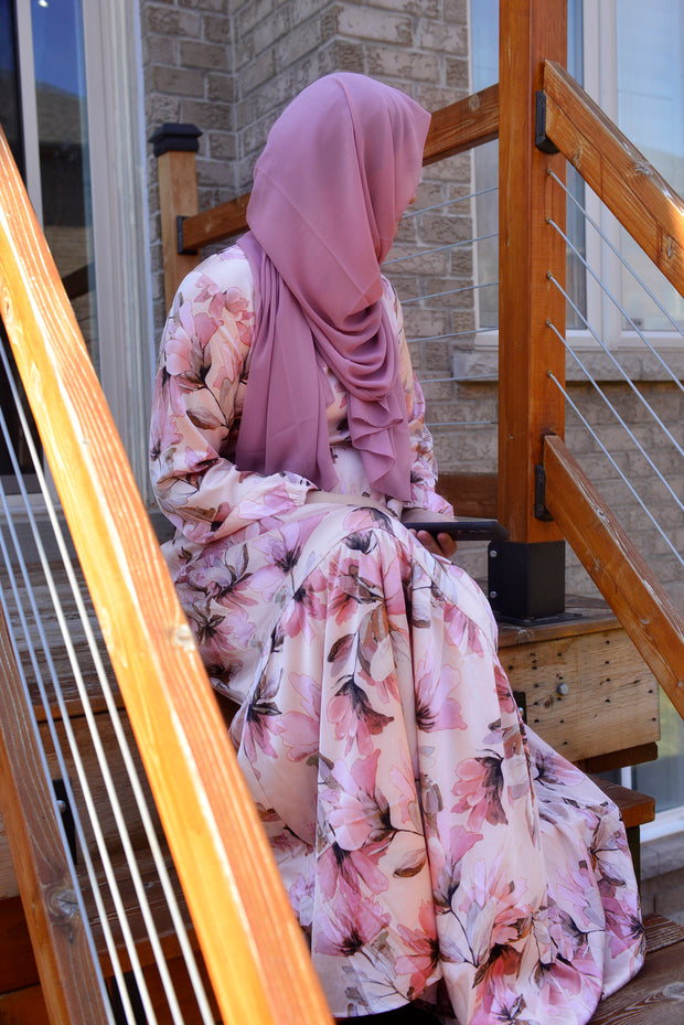 muslim model wearing modest dress with scarf 