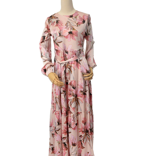 Cosmos Pink Floral Dress - Modest Eve- Dress-back zip-belt dress