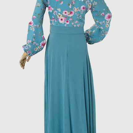 Aqua floral bodice dress - Modest Eve- Dress-aqua-belt dress