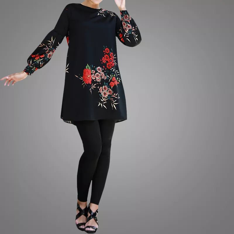 Black Women Tunic in Wonderful Floral Embroidery and balloon sleeves