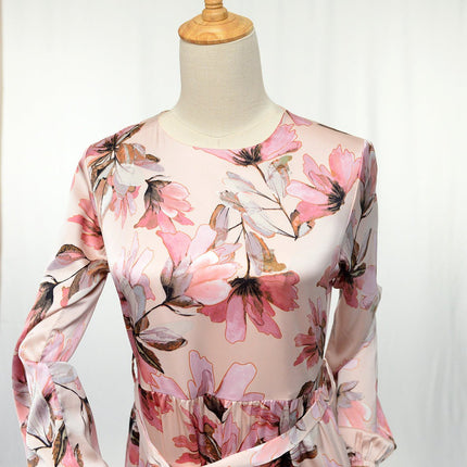 Cosmos Pink Floral Dress - Modest Eve- Dress-back zip-belt dress