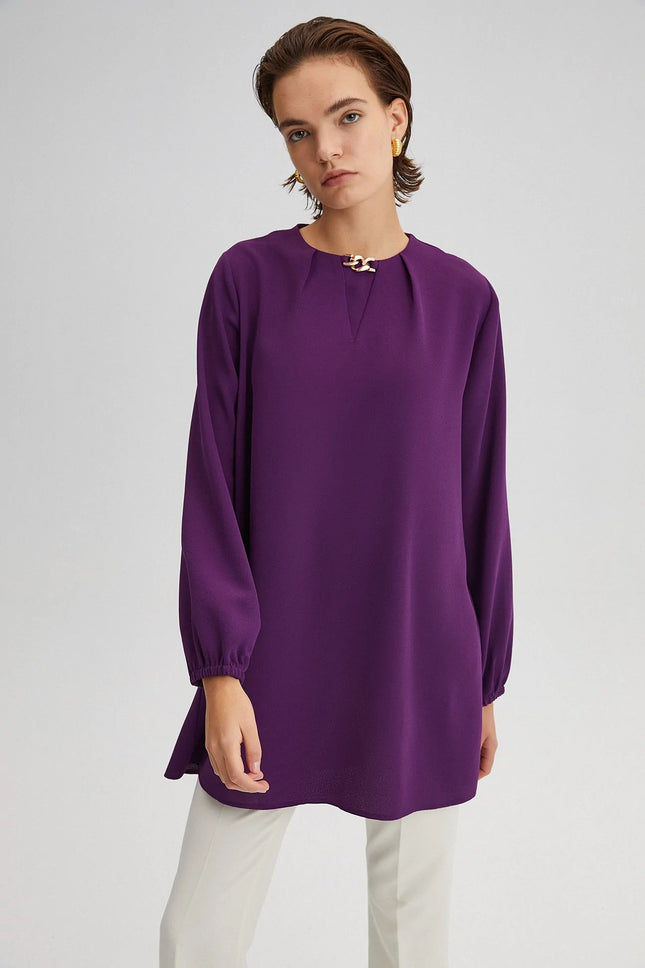 Crepe Tunic With Chain Collar Purple - Modest Eve- -collar-crepe