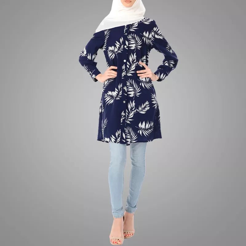 Blue Foliage Patterned Women's Tunic with Collar and Button Down – Modest  Eve