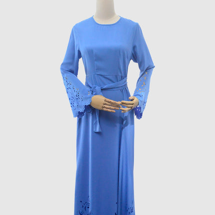 Laser Cut Maxi Dress- Blue - Modest Eve- Dress-A-line-backzip