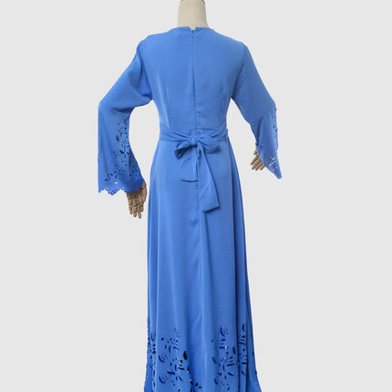 Laser Cut Maxi Dress- Blue - Modest Eve- Dress-A-line-backzip