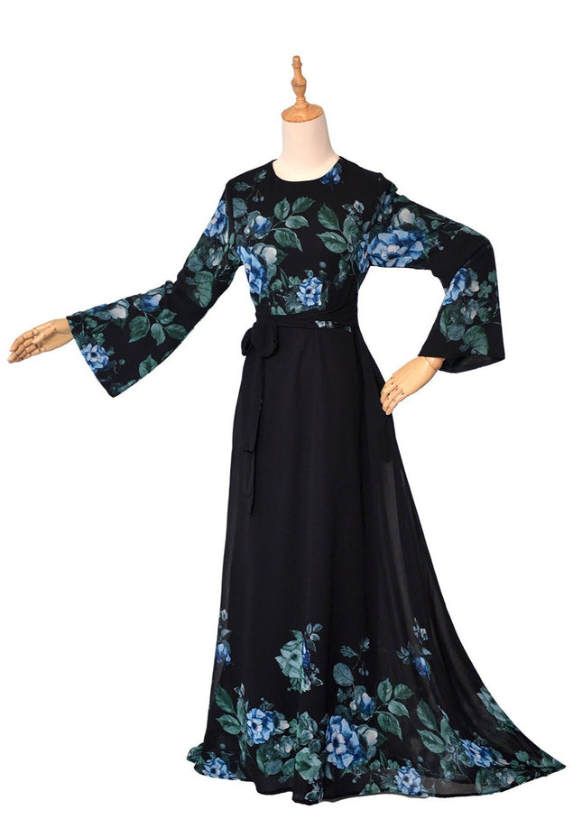 Night Bloom Floral Dress -Blue - Modest Eve- Dress-bell sleeves-black dress