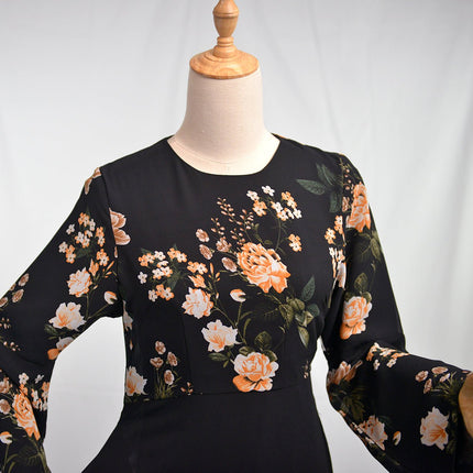 Night Bloom Floral Dress Gold - Modest Eve- Dress-A line floral dress-black dress